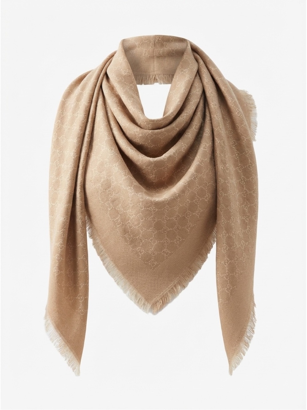 Gucci Camel Monogram Jacquard Fringe Scarf